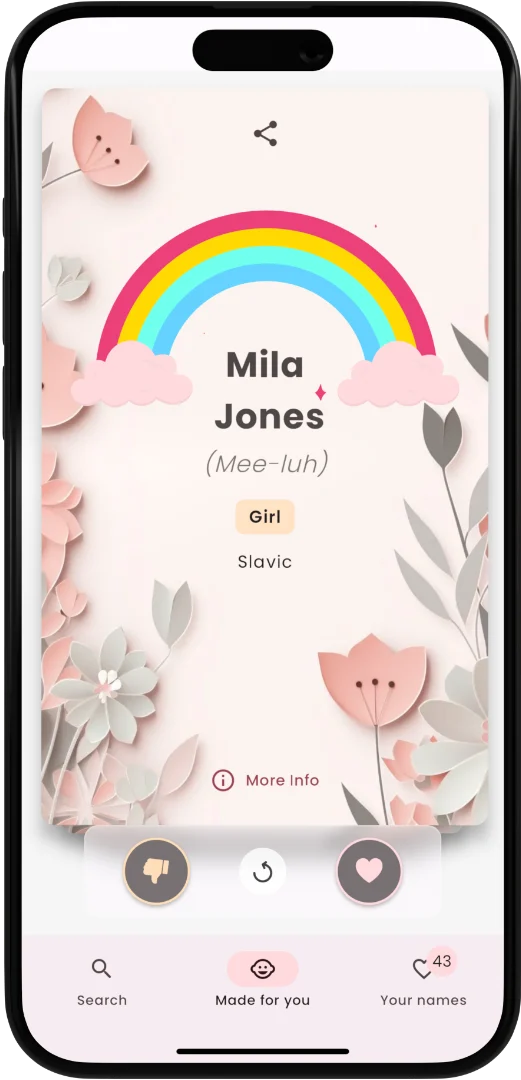 Namely app showing the baby name Mila ready to swipe